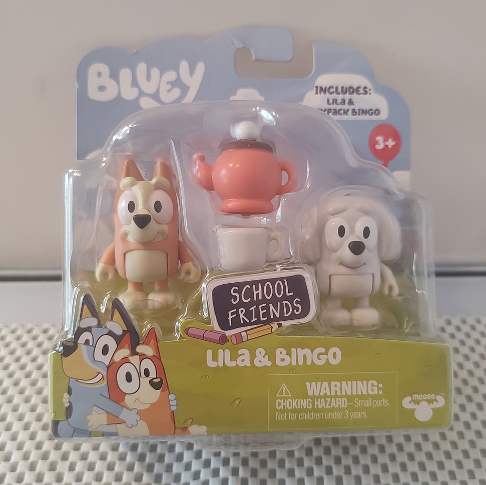 Bluey Cartoon Tea Party Lila & Backpack Bingo School Friends Figures NWT